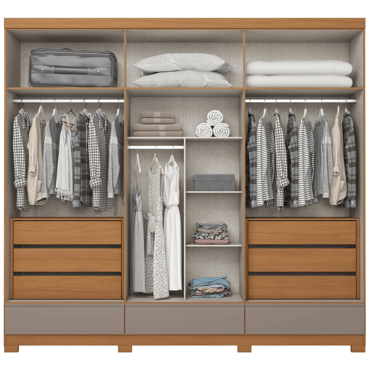 Roupeiro Imperial Henn 100% MDF 260cm 6 Portas 3 Gavetas Cinamomo e Avelã
