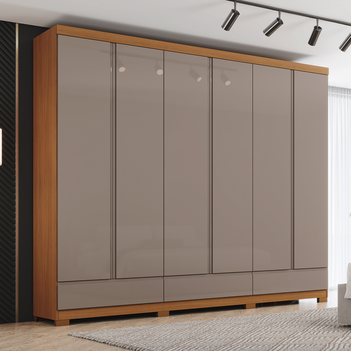 Roupeiro Imperial Henn 100% MDF 260cm 6 Portas 3 Gavetas Cinamomo e Avelã
