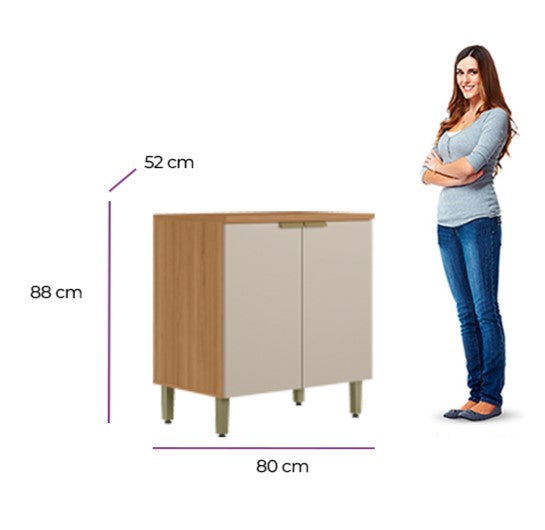 Balcão de Cozinha Selene Linea 100% MDF 2 Portas 80cm Jequitibá e Off White