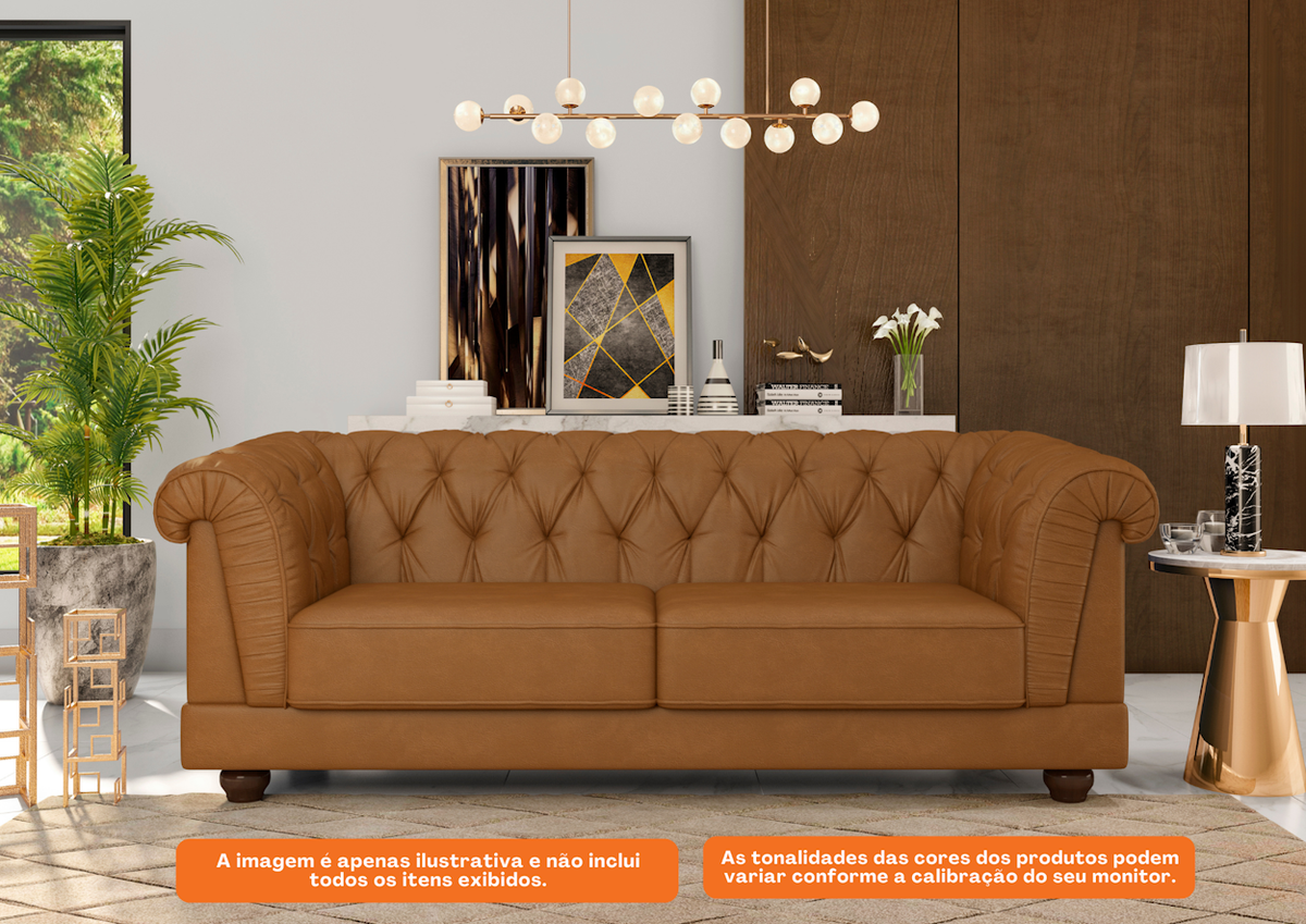 Sofá Living Ponteio 220cm Molufan 2 assentos Corino Caramelo