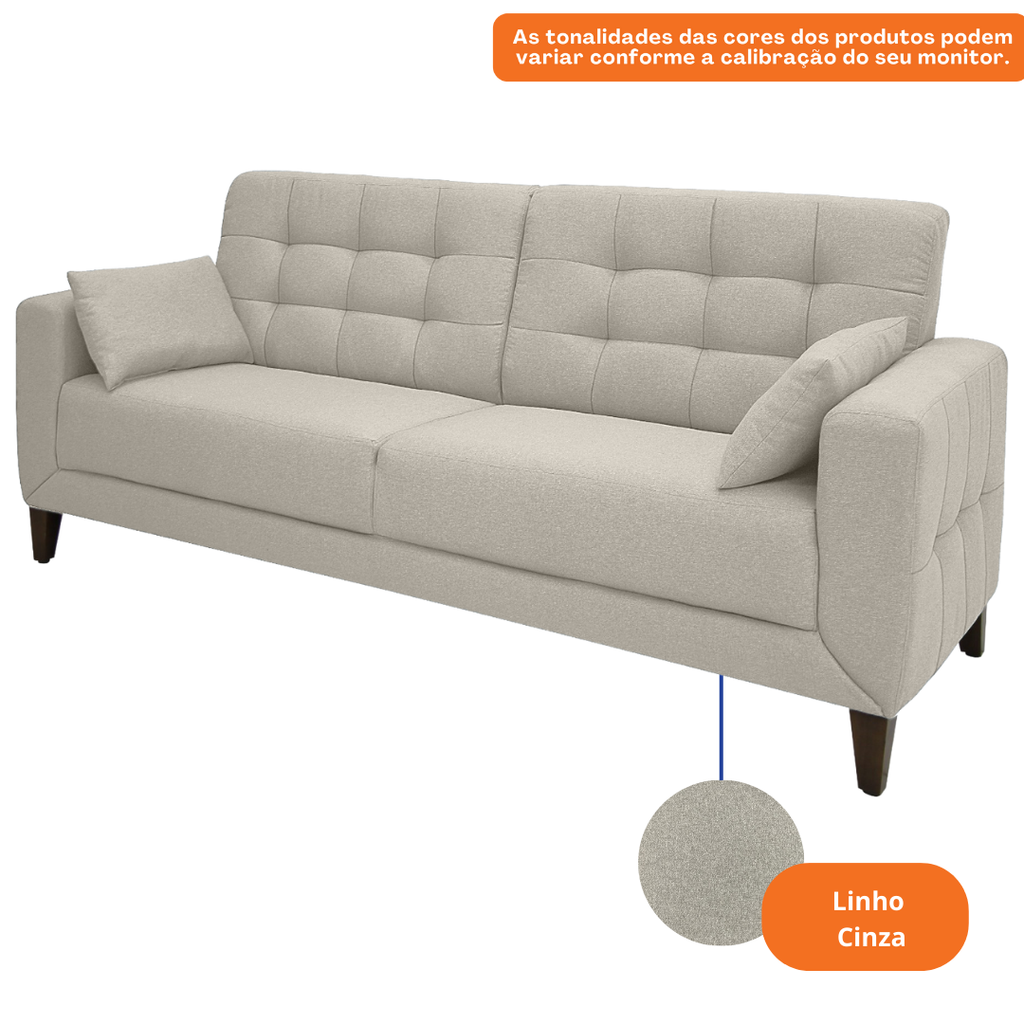 Sofá Living Vogue 210cm Linoforte 2 Assentos Pé de Madeira Linho Cinza