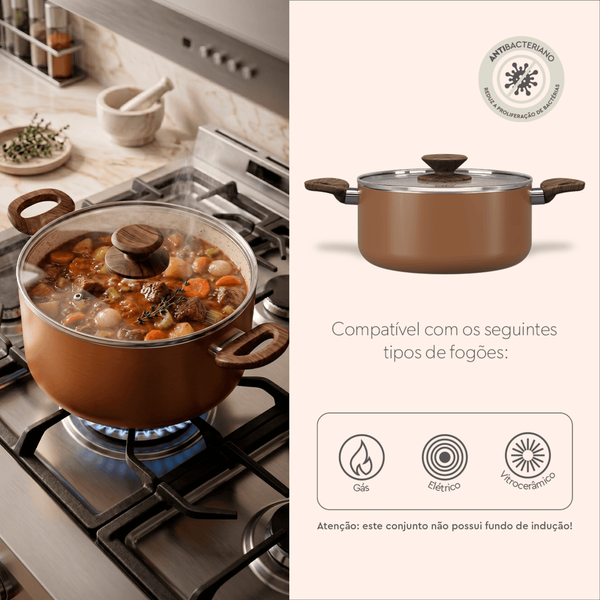 Jogo de Panelas Ceramic Life Brinox Antiaderente Primea Cappuccino
