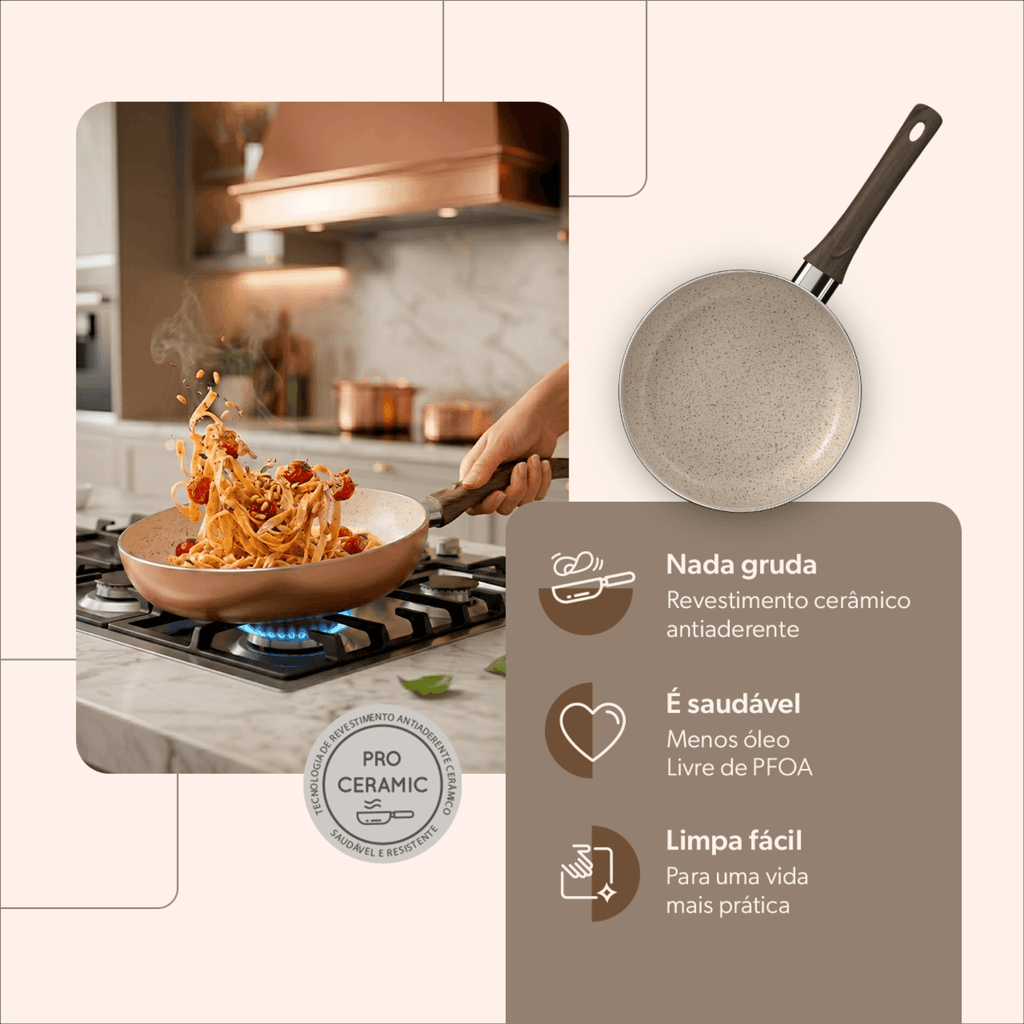 Jogo de Panelas Ceramic Life Brinox Antiaderente Primea Cappuccino