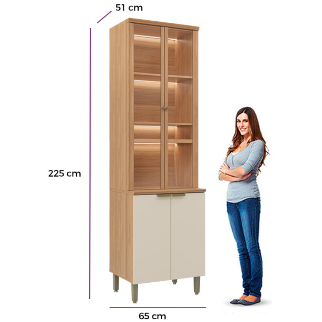 Cristaleira Selene Linea 65cm 4 Portas com LED Jequitibá e Off White