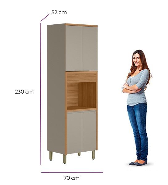 Paneleiro Torre Quente Allure Linea 100% MDF 70cm 4 Portas 1 Porta Condimentos Jequitibá e Gris