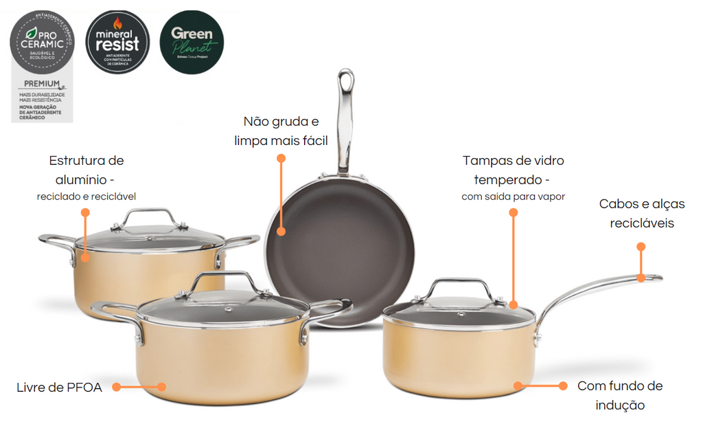 Jogo de Panelas Ceramic Life Brinox 4 peças Indução Life Coast Champanhe