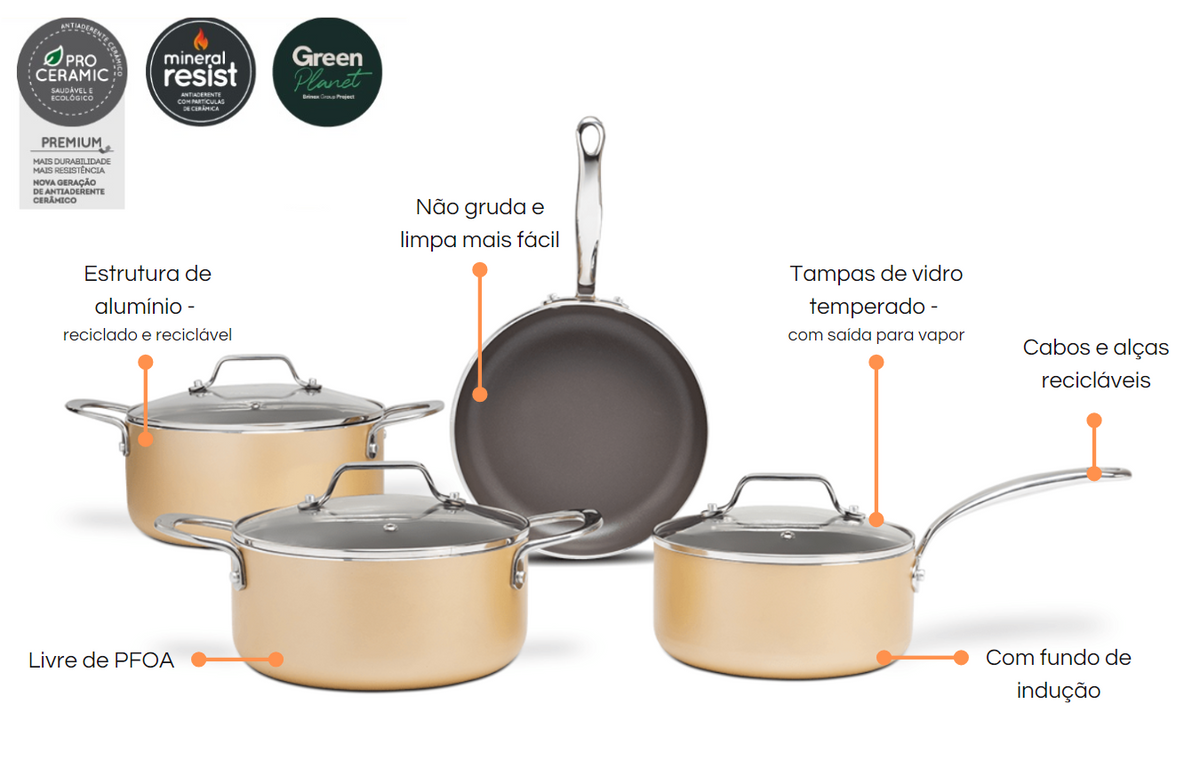 Jogo de Panelas Ceramic Life Brinox 4 peças Indução Life Coast Champanhe