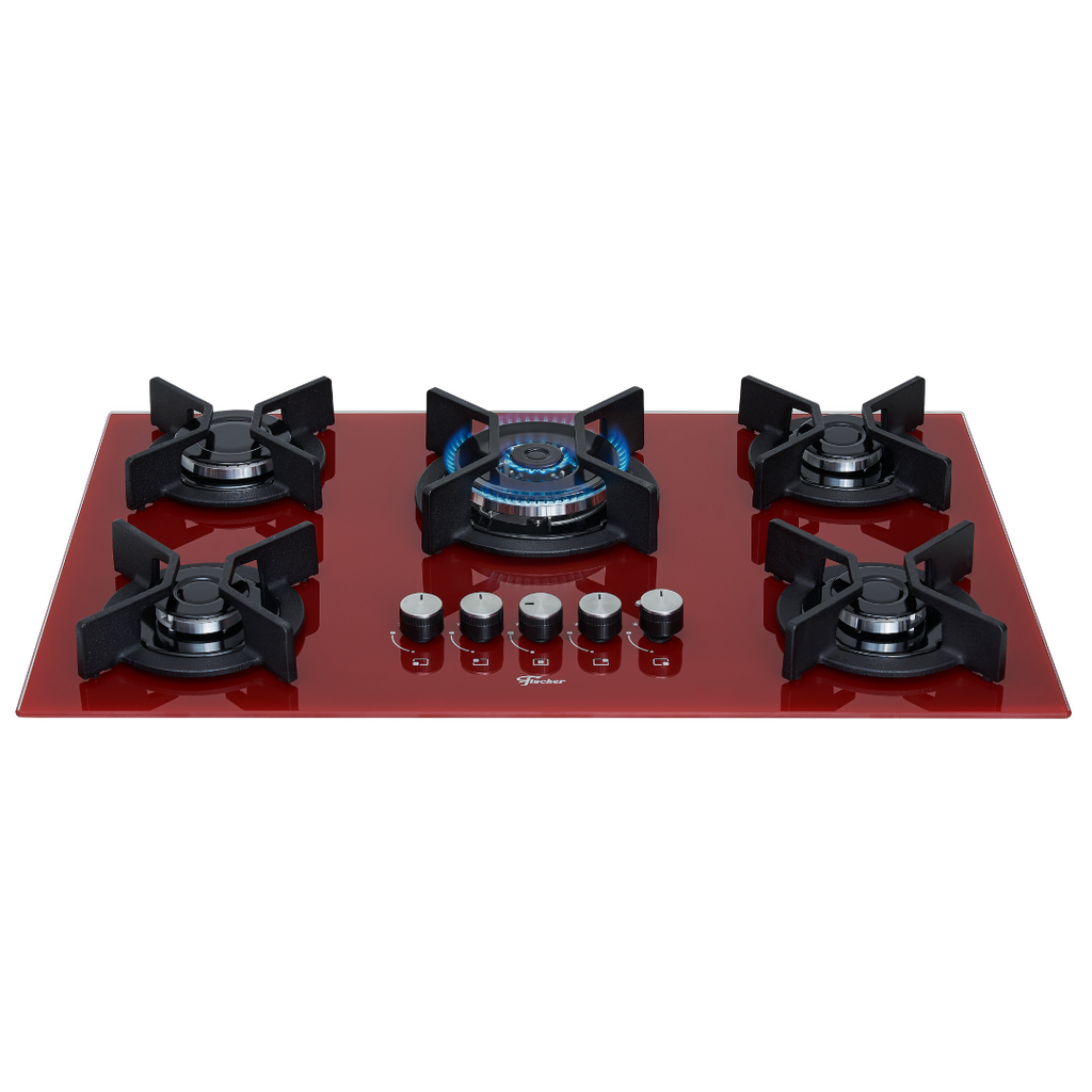Cooktop à Gás Fischer 5 Bocas Infinity Tripla Chama Vidro Vermelho Rouge Bivolt