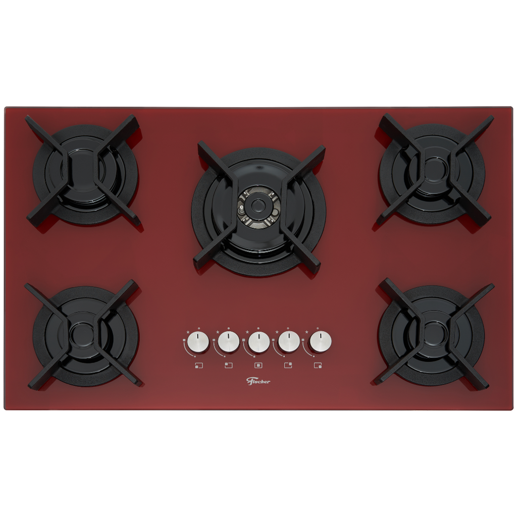 Cooktop à Gás Fischer 5 Bocas Infinity Tripla Chama Vidro Vermelho Rouge Bivolt