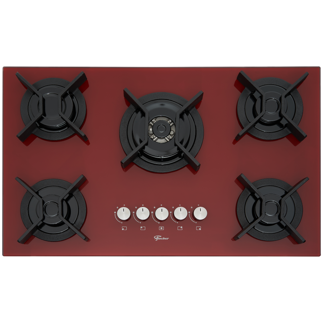 Cooktop à Gás Fischer 5 Bocas Infinity Tripla Chama Vidro Vermelho Rouge Bivolt