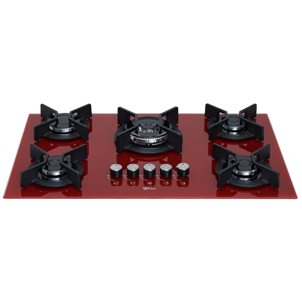 Cooktop à Gás Fischer 5 Bocas Infinity Tripla Chama Vidro Vermelho Rouge Bivolt