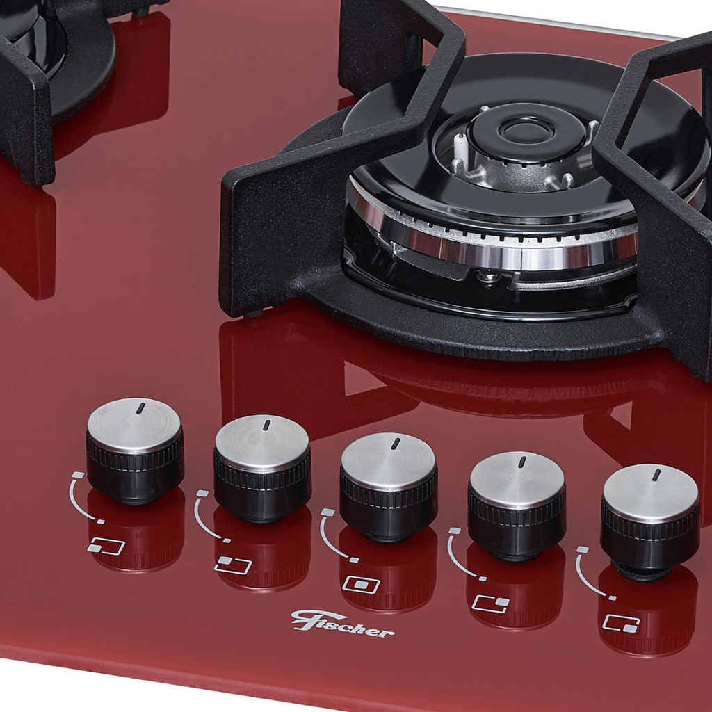 Cooktop à Gás Fischer 5 Bocas Infinity Tripla Chama Vidro Vermelho Rouge Bivolt