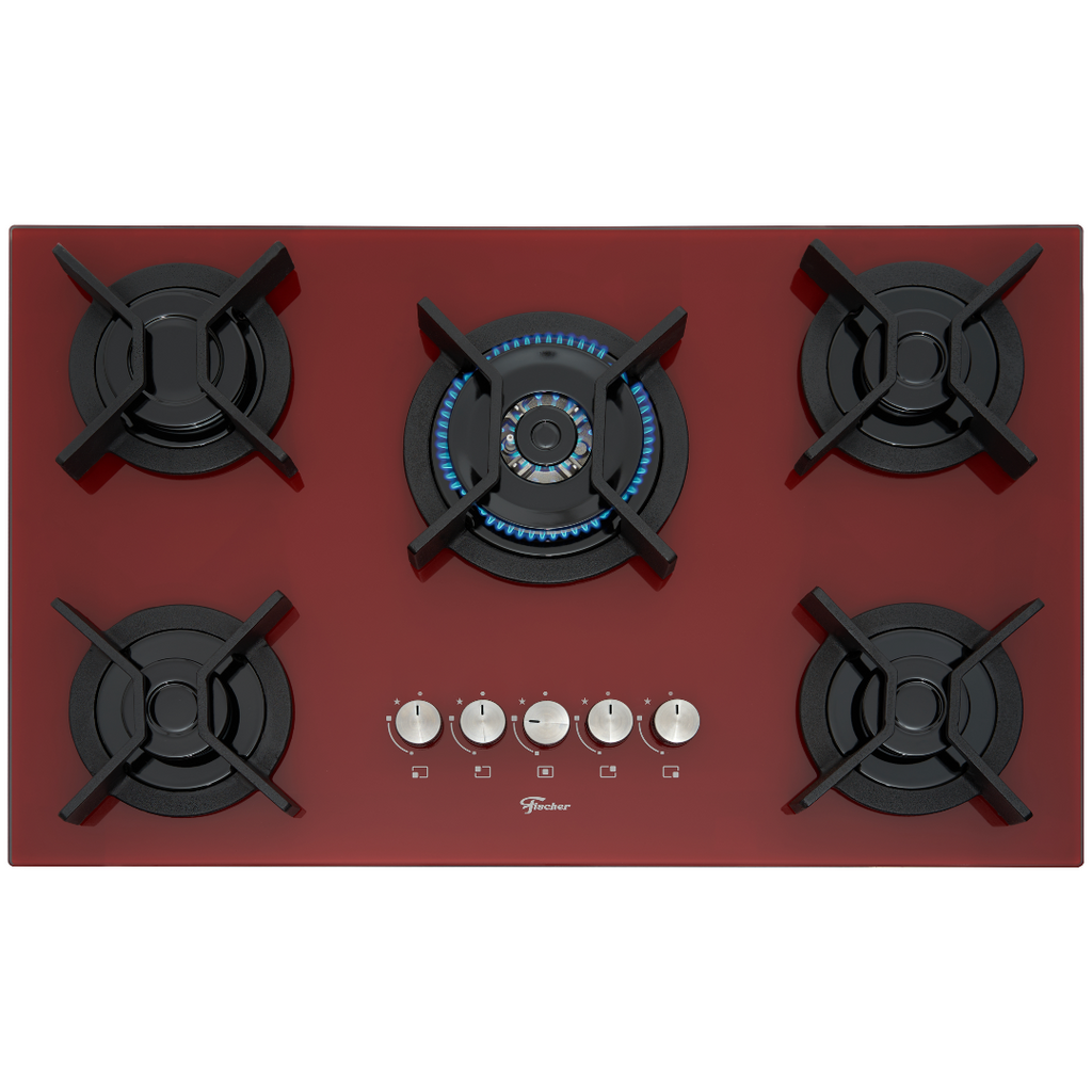 Cooktop à Gás Fischer 5 Bocas Infinity Tripla Chama Vidro Vermelho Rouge Bivolt