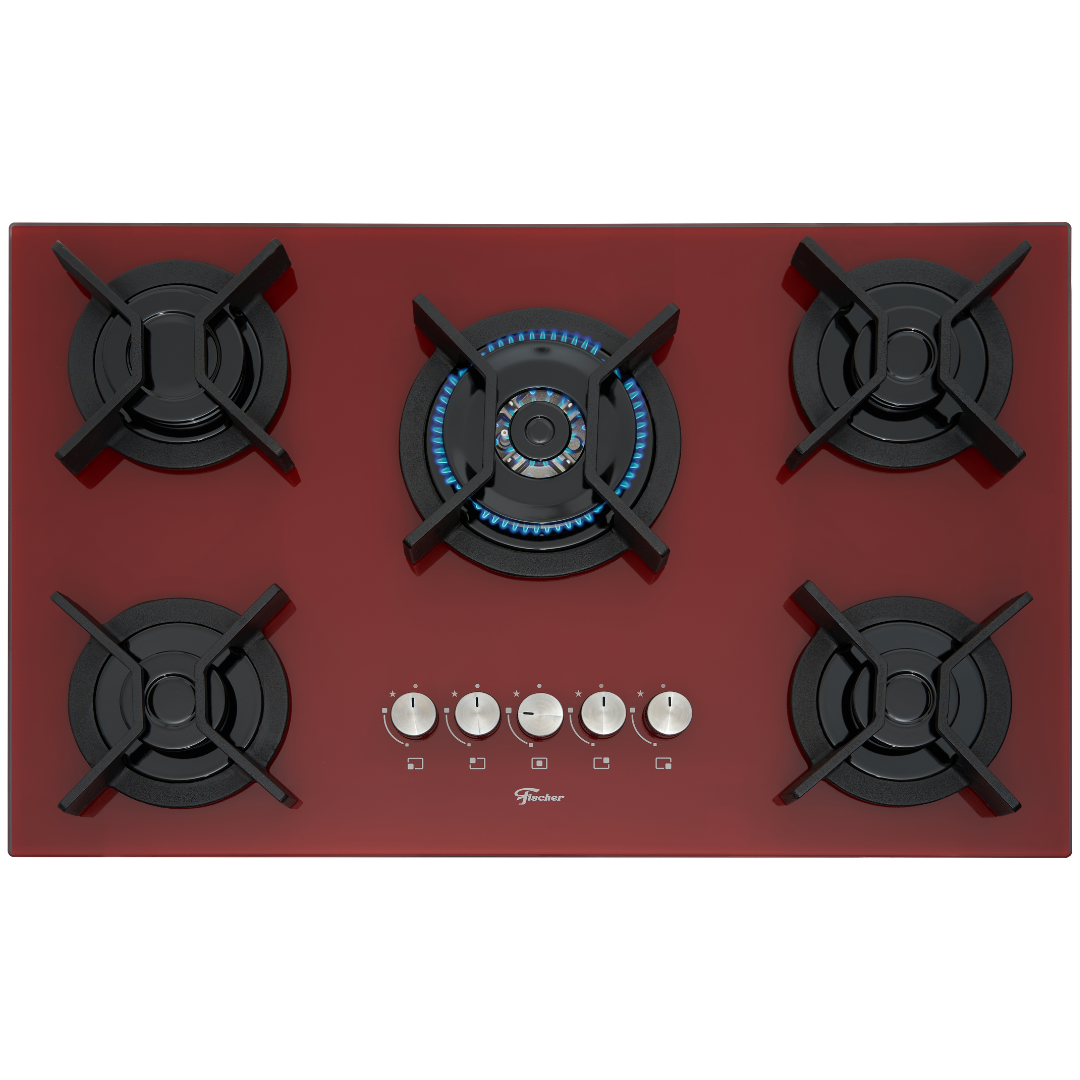Cooktop à Gás Fischer 5 Bocas Infinity Tripla Chama Vidro Vermelho Rouge Bivolt