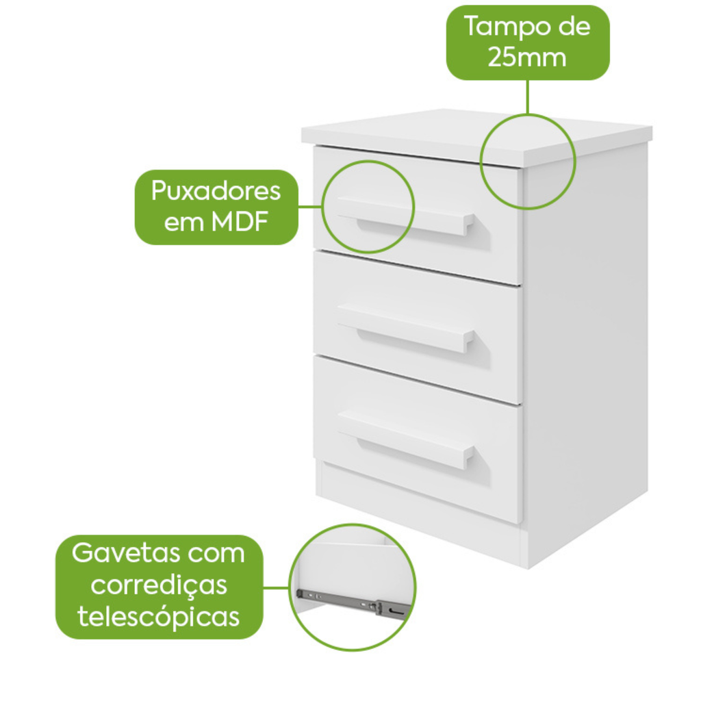 Mesa de Cabeceira Baião Lopas 3 Gavetas Branco