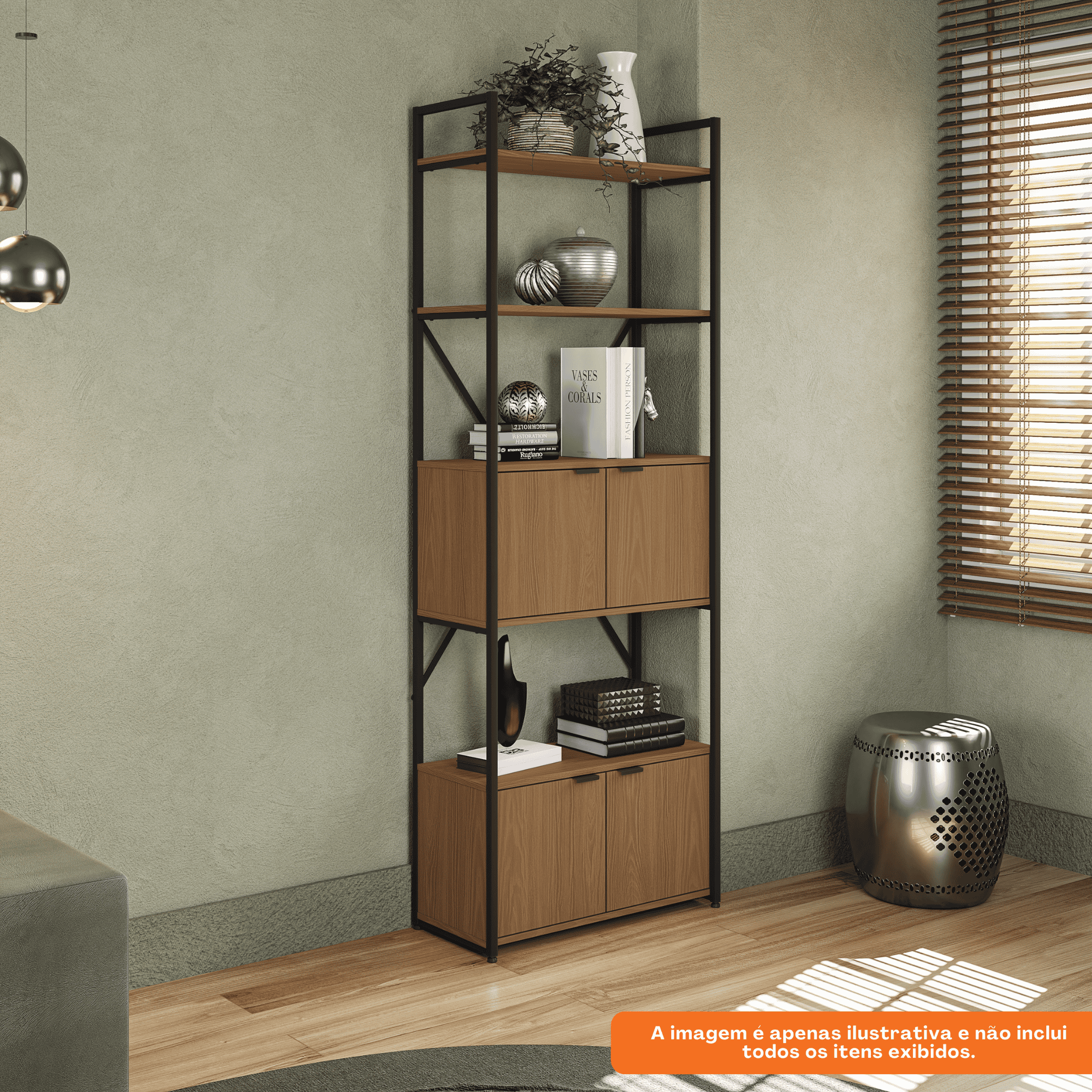 Estante Kappesberg com Portas e 3 Prateleiras LI018 Canela e Preto