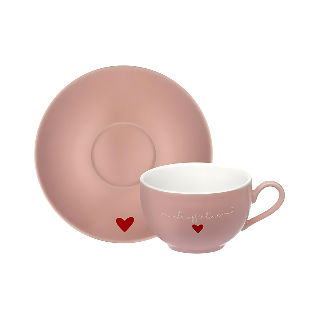 Jogo de Xícara Para Chá De Porcelana Com Pires  Etilux  L'amour 6 Peças  160 ml Rosa