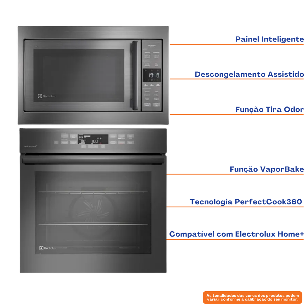 Kit Electrolux de Embutir Forno Elétrico OE8EW 80L com VaporBake+Micro-ondas 34L ME3BC Experience 220V