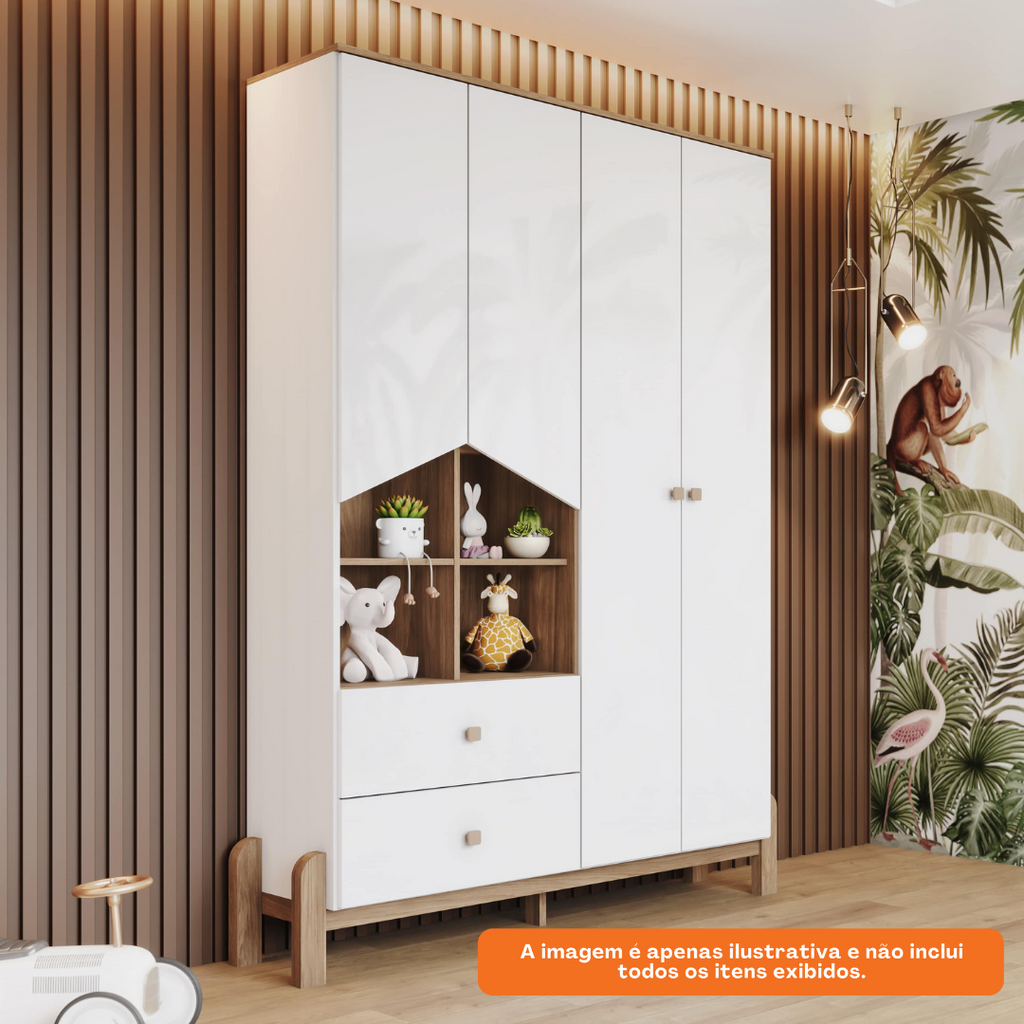 Roupeiro Ternura Henn 142cm 4 Portas 2 Gavetas Branco e Jequitibá