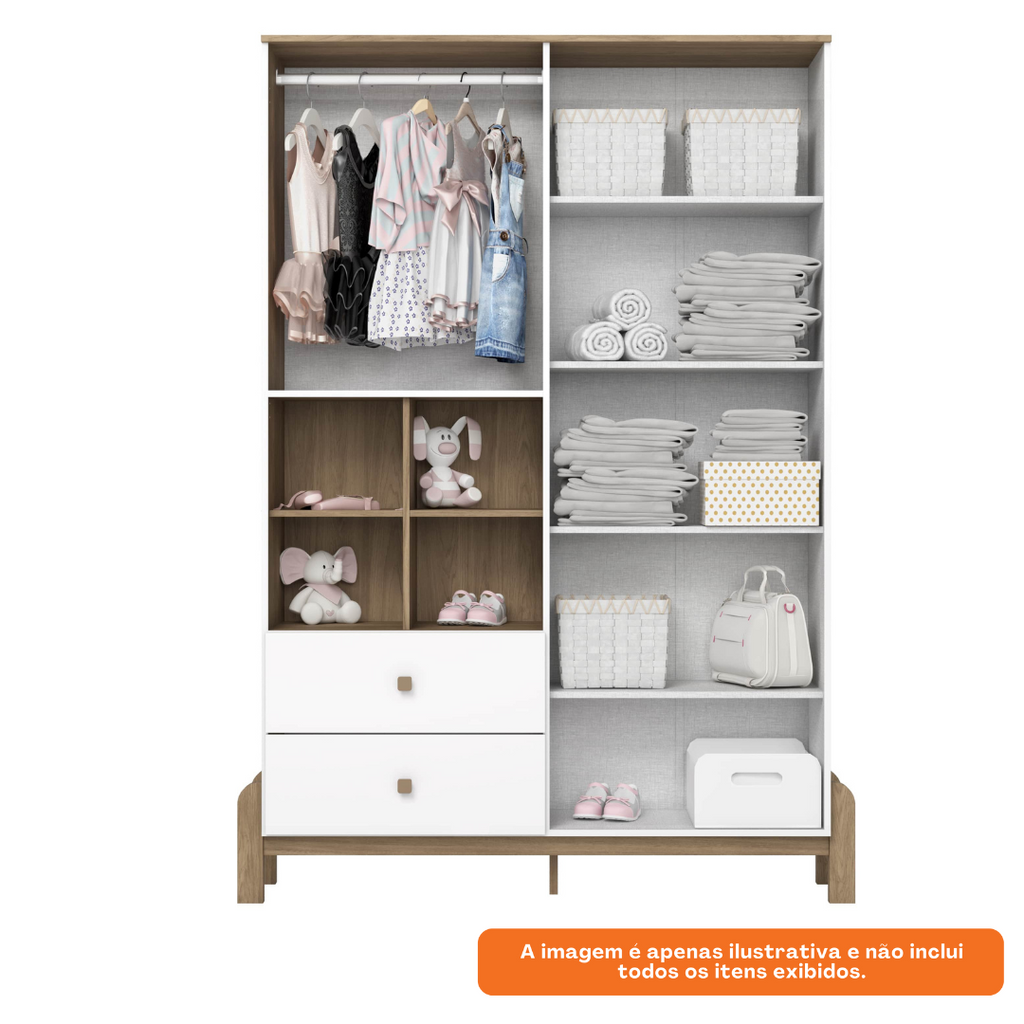 Roupeiro Ternura Henn 142cm 4 Portas 2 Gavetas Branco e Jequitibá