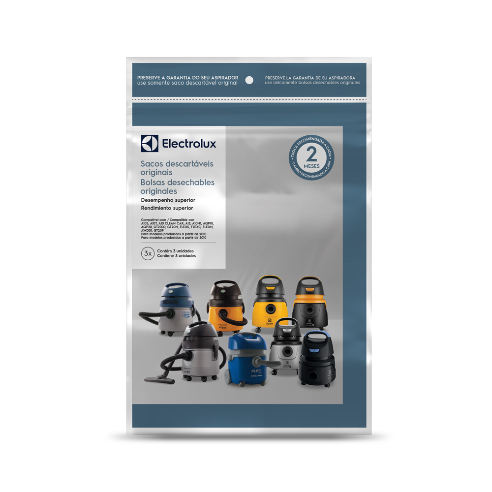 Kit com 3 sacos Electrolux para Aspirador A20 (A20S) E GT (GT300/SUPGT) CSE10