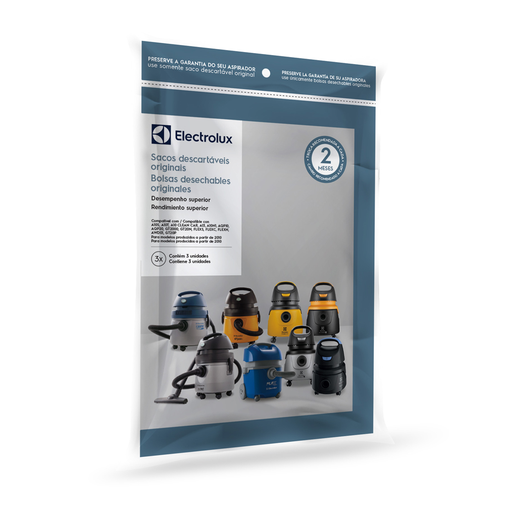 Kit com 3 sacos Electrolux para Aspirador A20 (A20S) E GT (GT300/SUPGT) CSE10