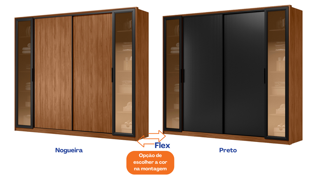 Roupeiro Laredo Demóbile 267cm 4 Portas 4 Gavetas Flex  Nogueira/Preto