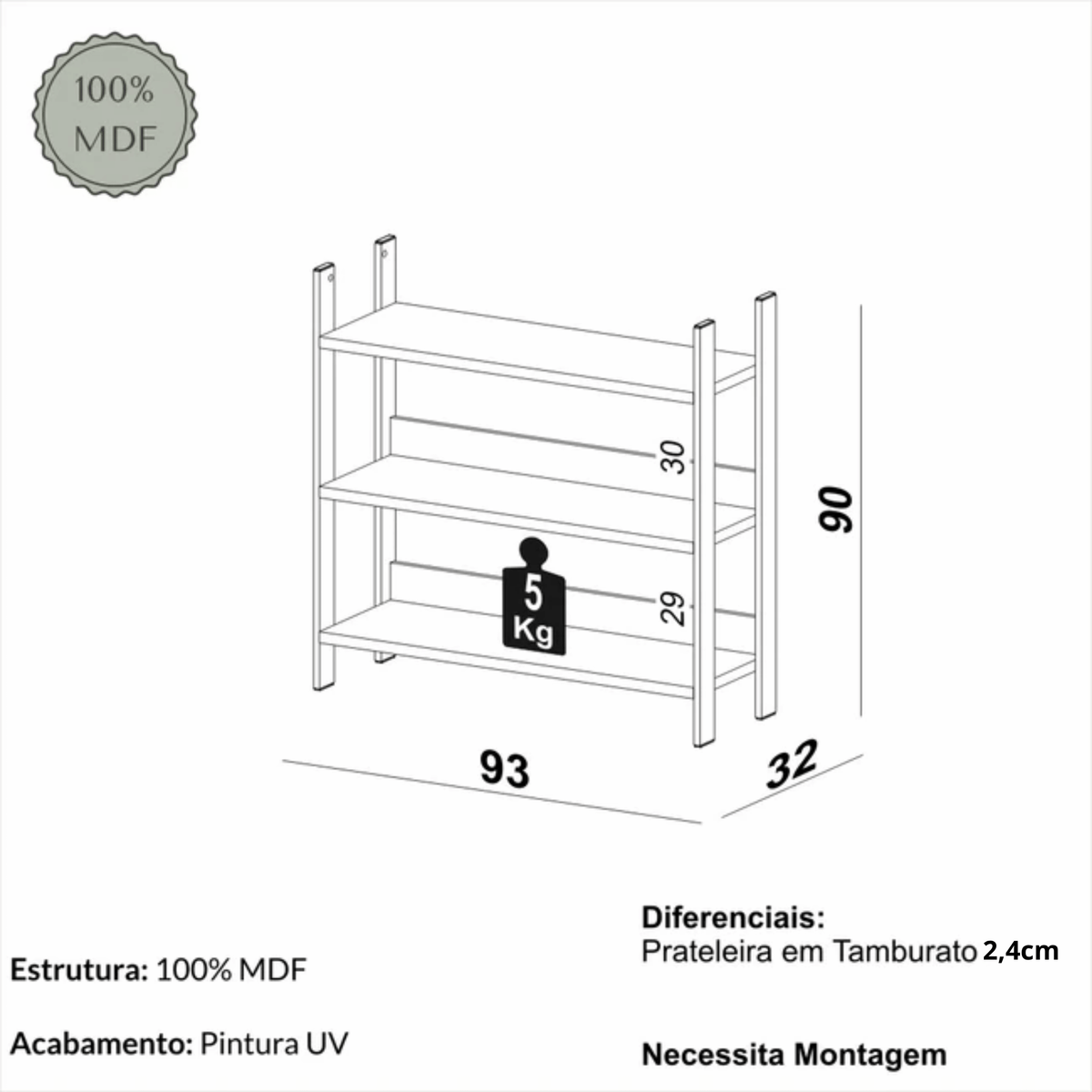 Estante E106 Dalla Costa 93cm 3 Prateleiras 100% MDF Preto e Freijó