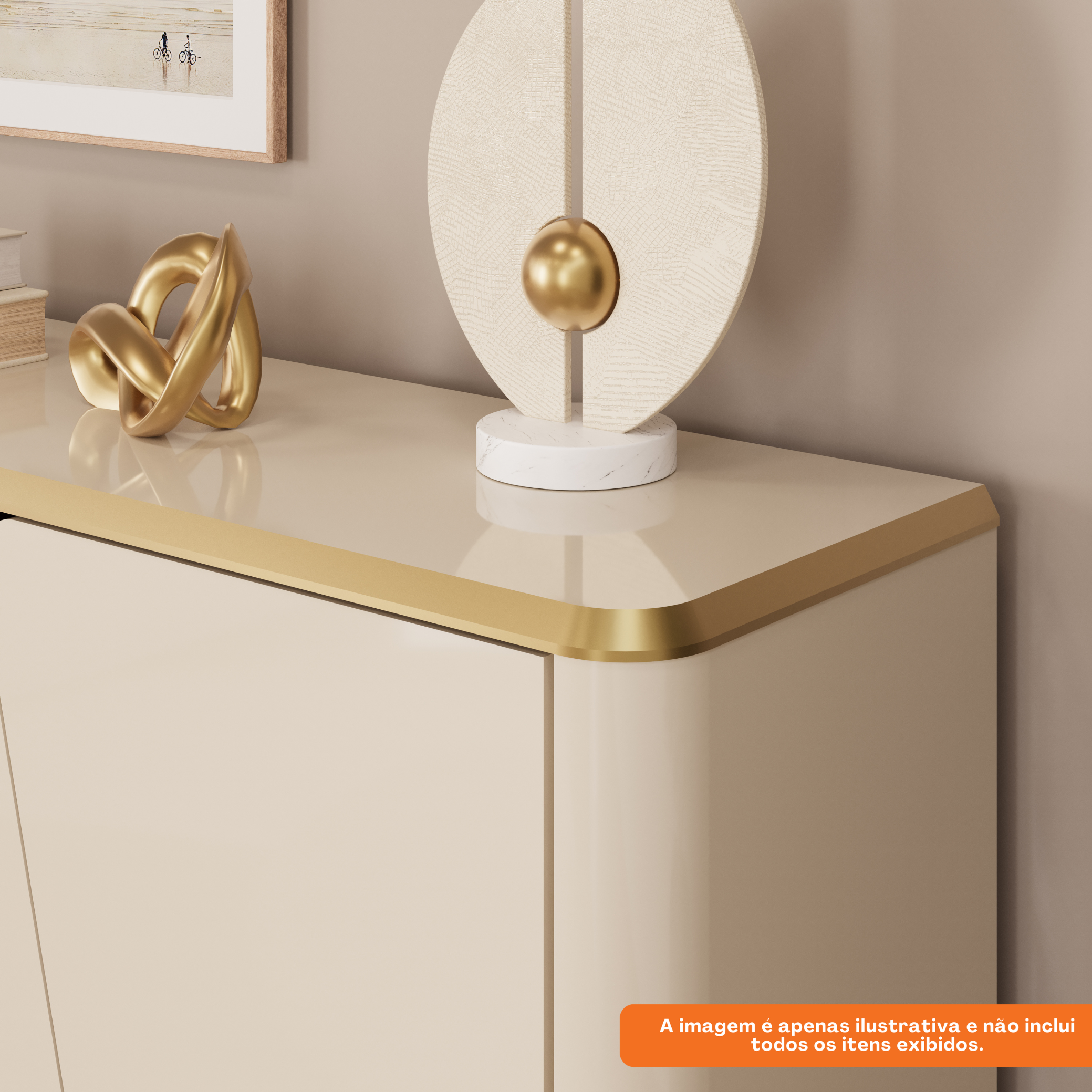 Balcão Buffet Liara Dj Móveis 180cm 4 Portas Off White com Dourado