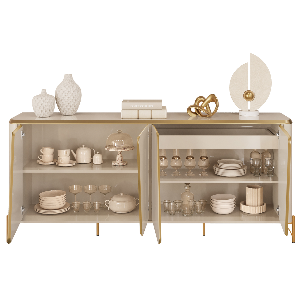 Balcão Buffet Liara Dj Móveis 180cm 4 Portas Off White com Dourado