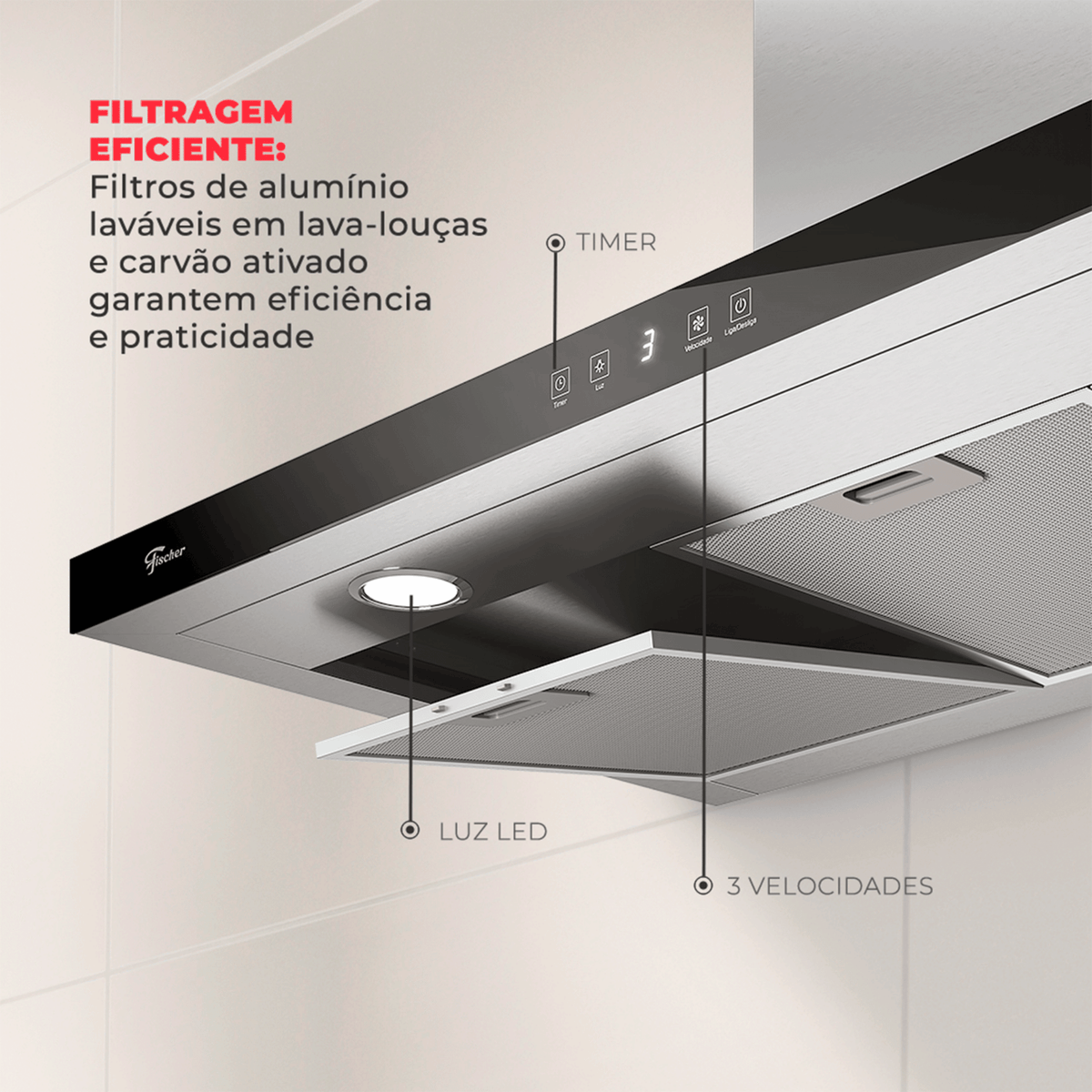 Coifa de Parede Fischer Infinity 90cm Controle por Gesto Inox 220V