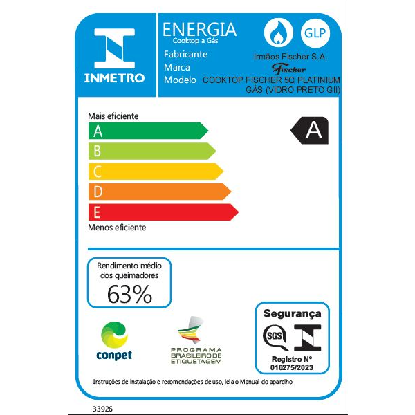Cooktop à Gás Fischer 5 Bocas Platinium Tripla chama Trempe em Ferro Fundido 33810-92122 Vidro Preto Bivolt