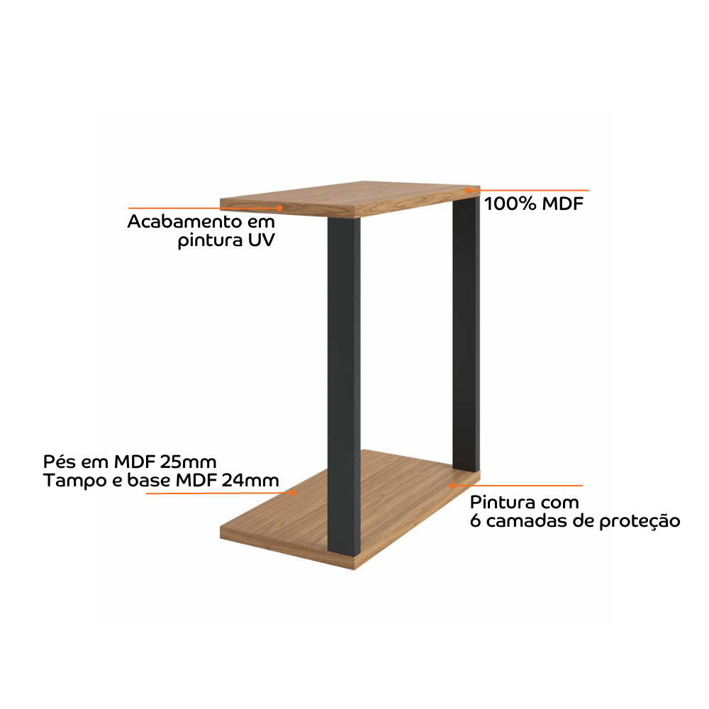 Mesa de Apoio para Sofá Dalla Costa F36 100% MDF Freijó e Preto Fosco