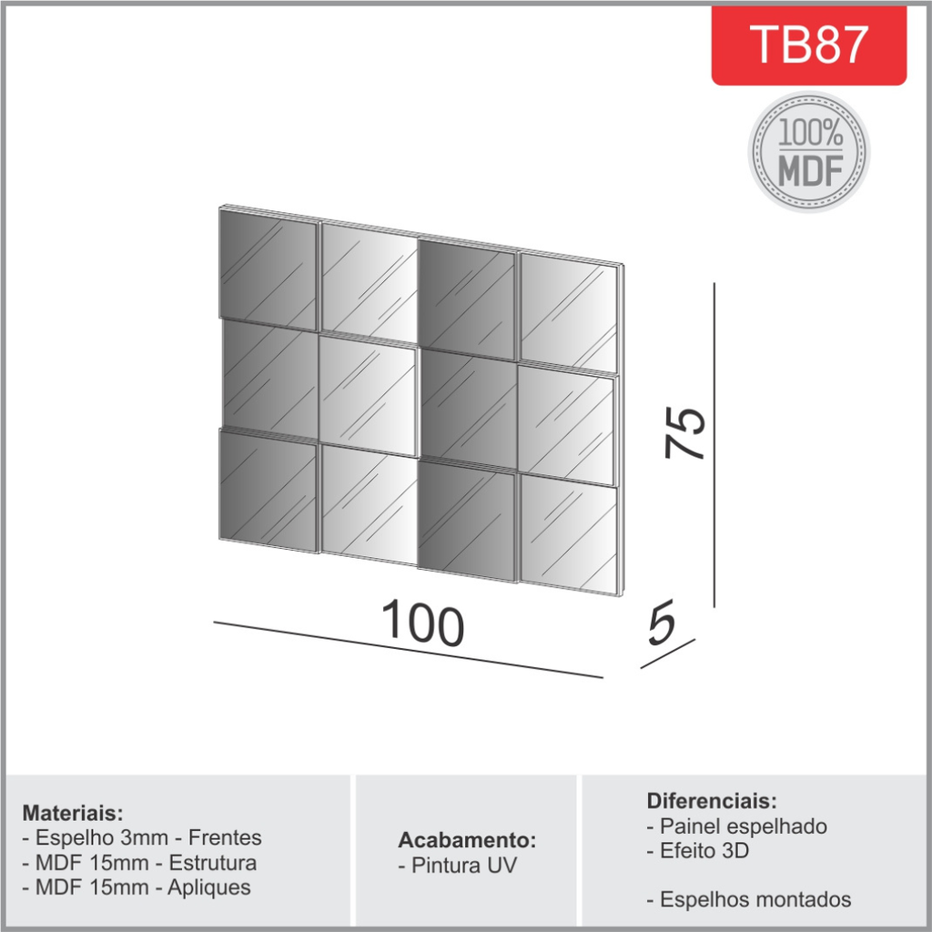 Espelho 3D Dalla Costa 100x75cm TB87 Quadrado