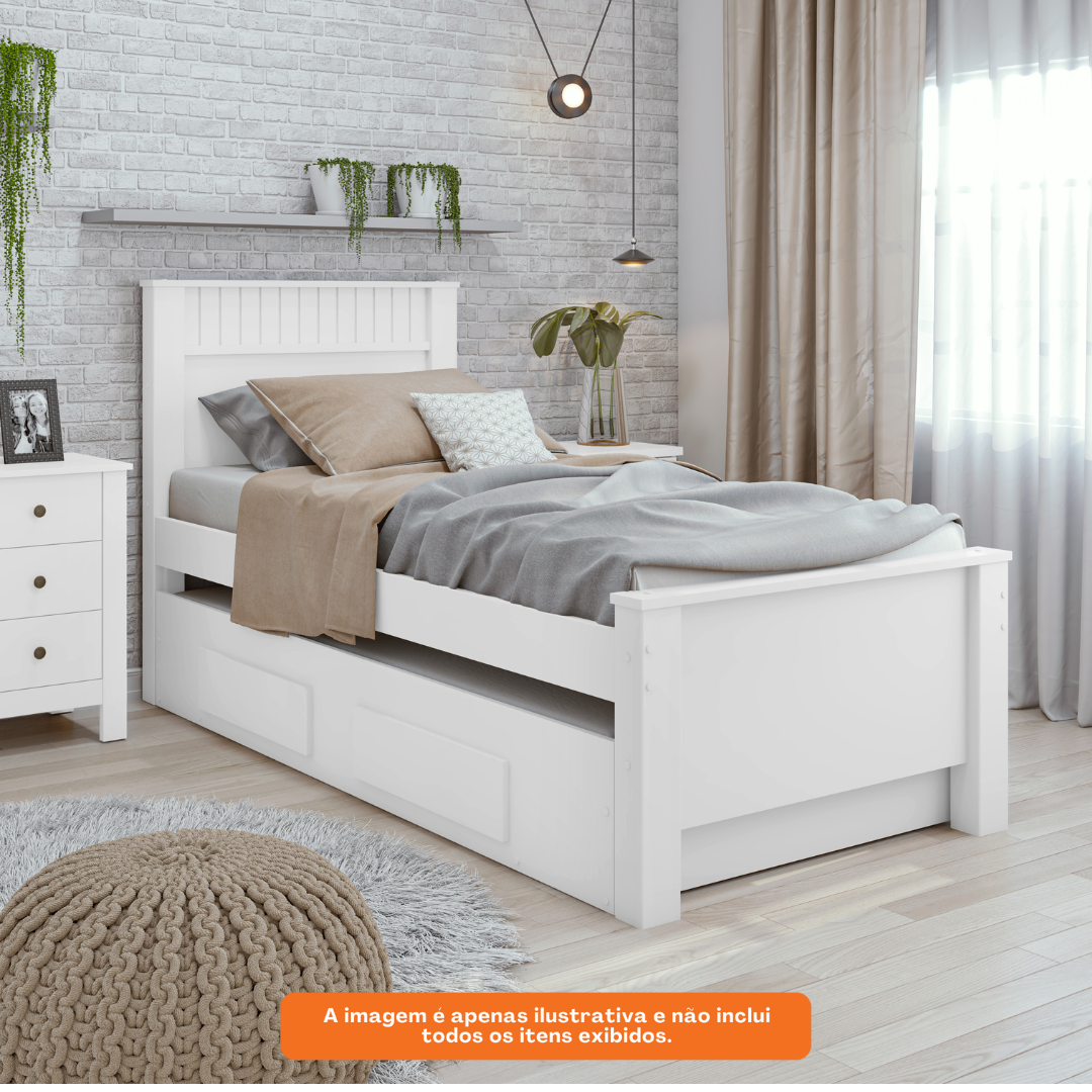Cama Solteiro Bibox Athenas Lopas Cama Auxiliar e 2 Gavetas  Branco
