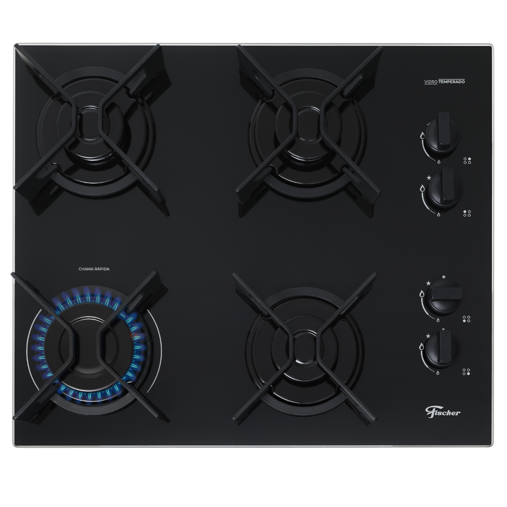 Cooktop a Gás Fischer 4 Bocas Fit Line Trempe Iron Vidro Preto Bivolt