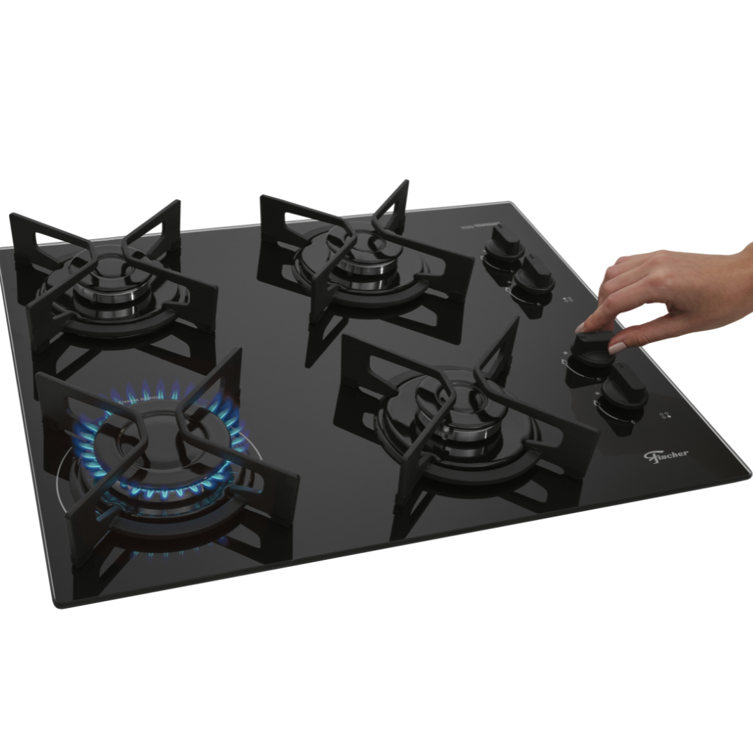 Cooktop a Gás Fischer 4 Bocas Fit Line Trempe Iron Vidro Preto Bivolt