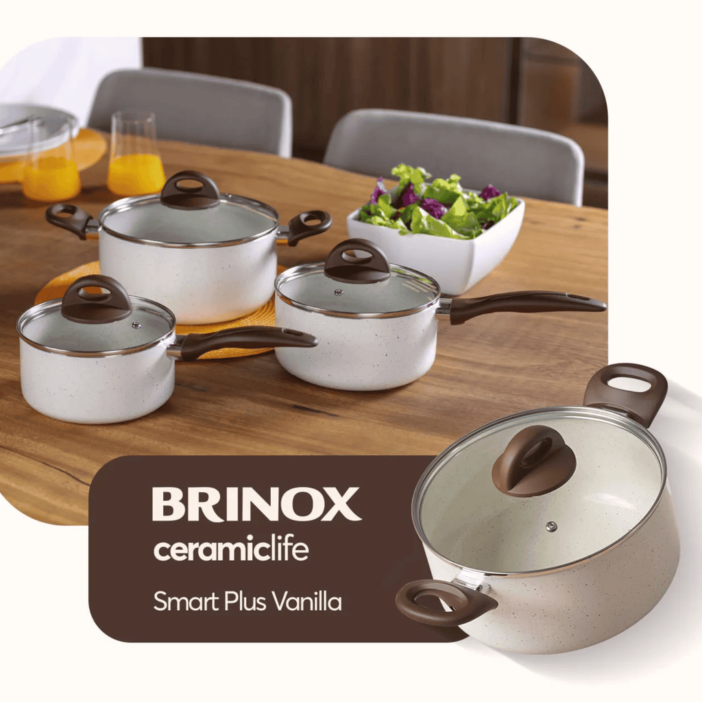 Jogo de Panelas Ceramic Life Brinox 5 Peças Indução Revestimento em Cerâmica Vanilla