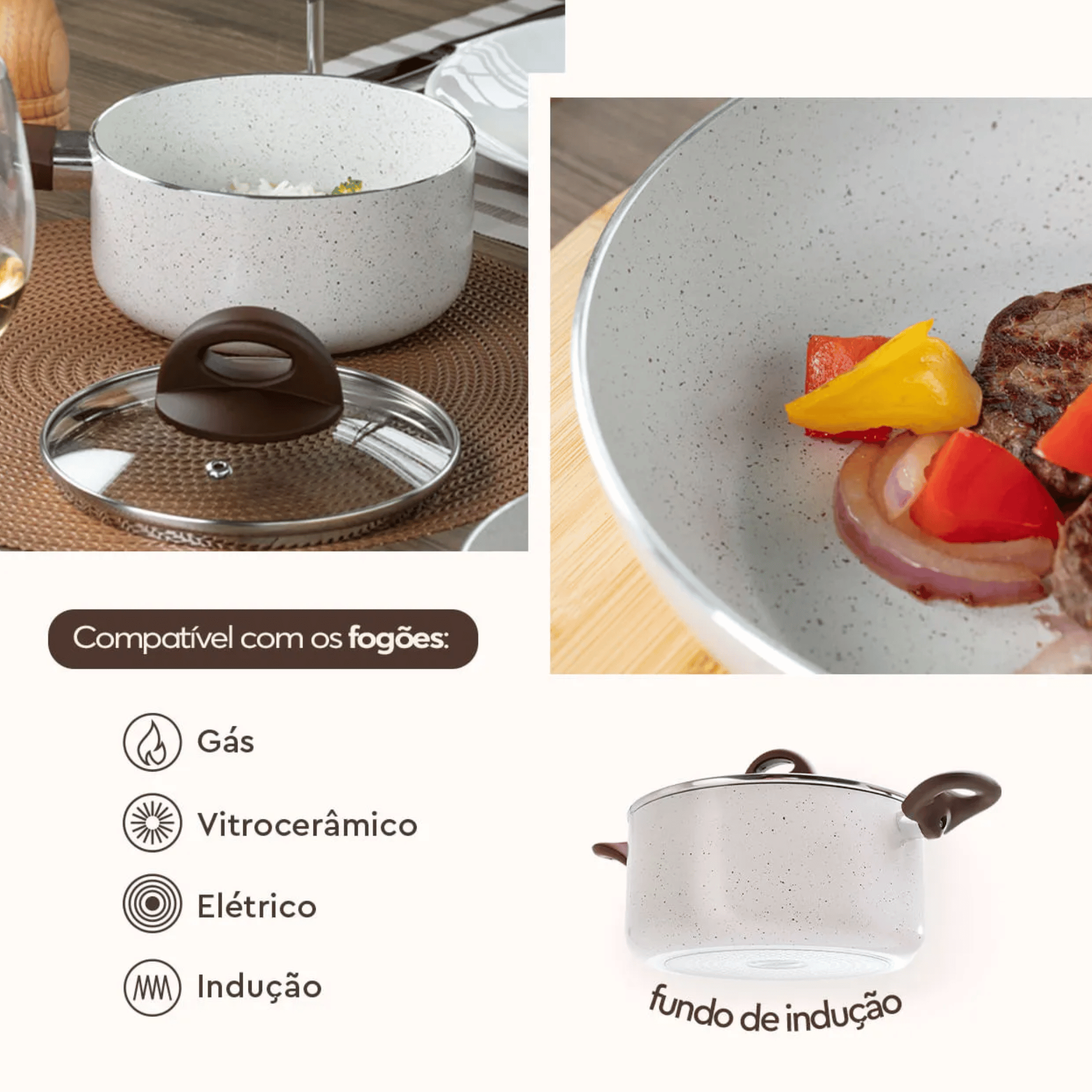Jogo de Panelas Ceramic Life Brinox 5 Peças Indução Revestimento em Cerâmica Vanilla