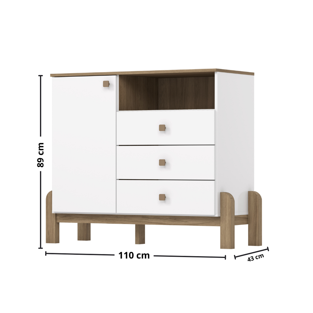 Cômoda Ternura Henn 110cm 1 Porta 3 Gavetas Branco e Jequitibá