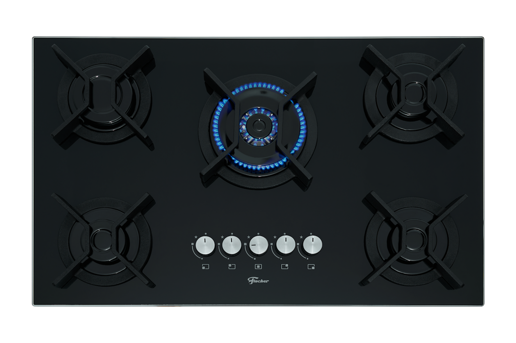 Cooktop à Gás Fischer 5 Bocas Infinity 26298-57077 Tripla Chama Grades em Ferro Fundido Vidro Preto Bivolt