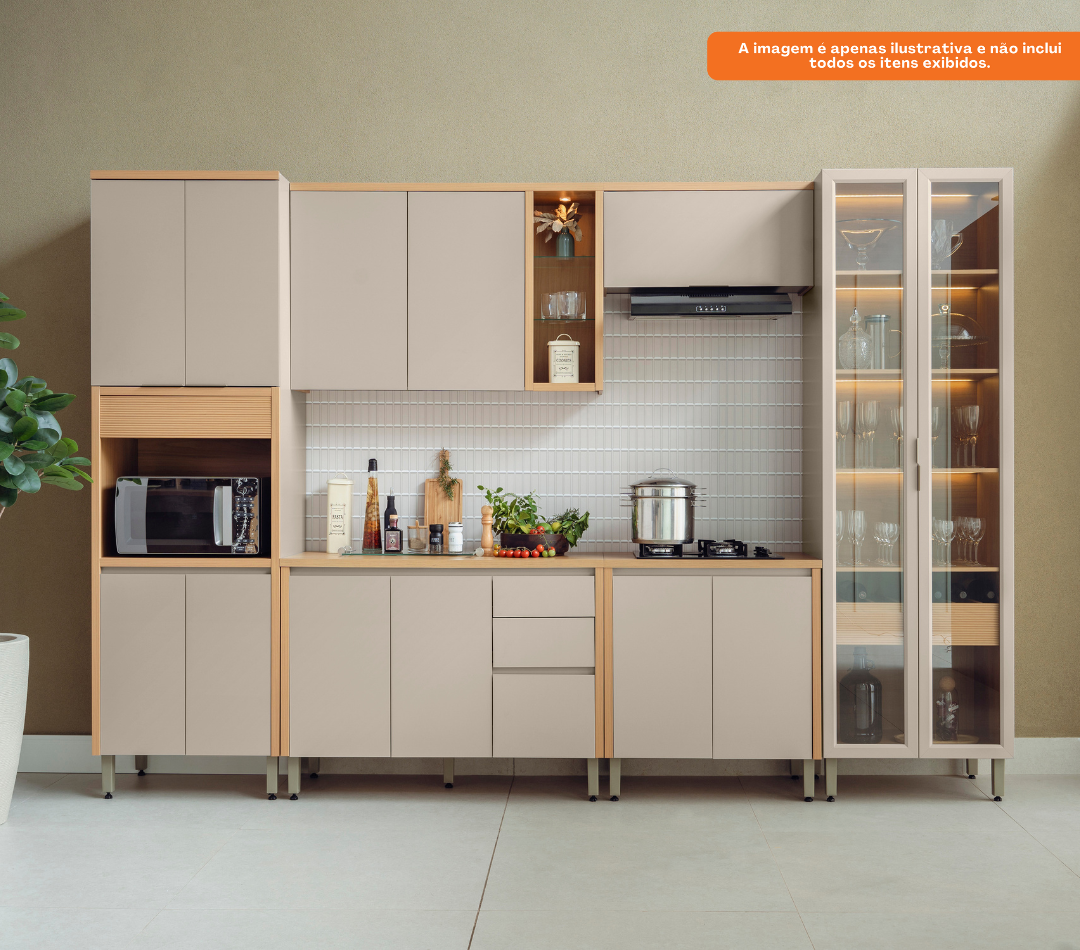 Armário Aéreo de Cozinha Allure Linea 100% MDF 2 Portas 120cm com Led Jequitibá e Gris
