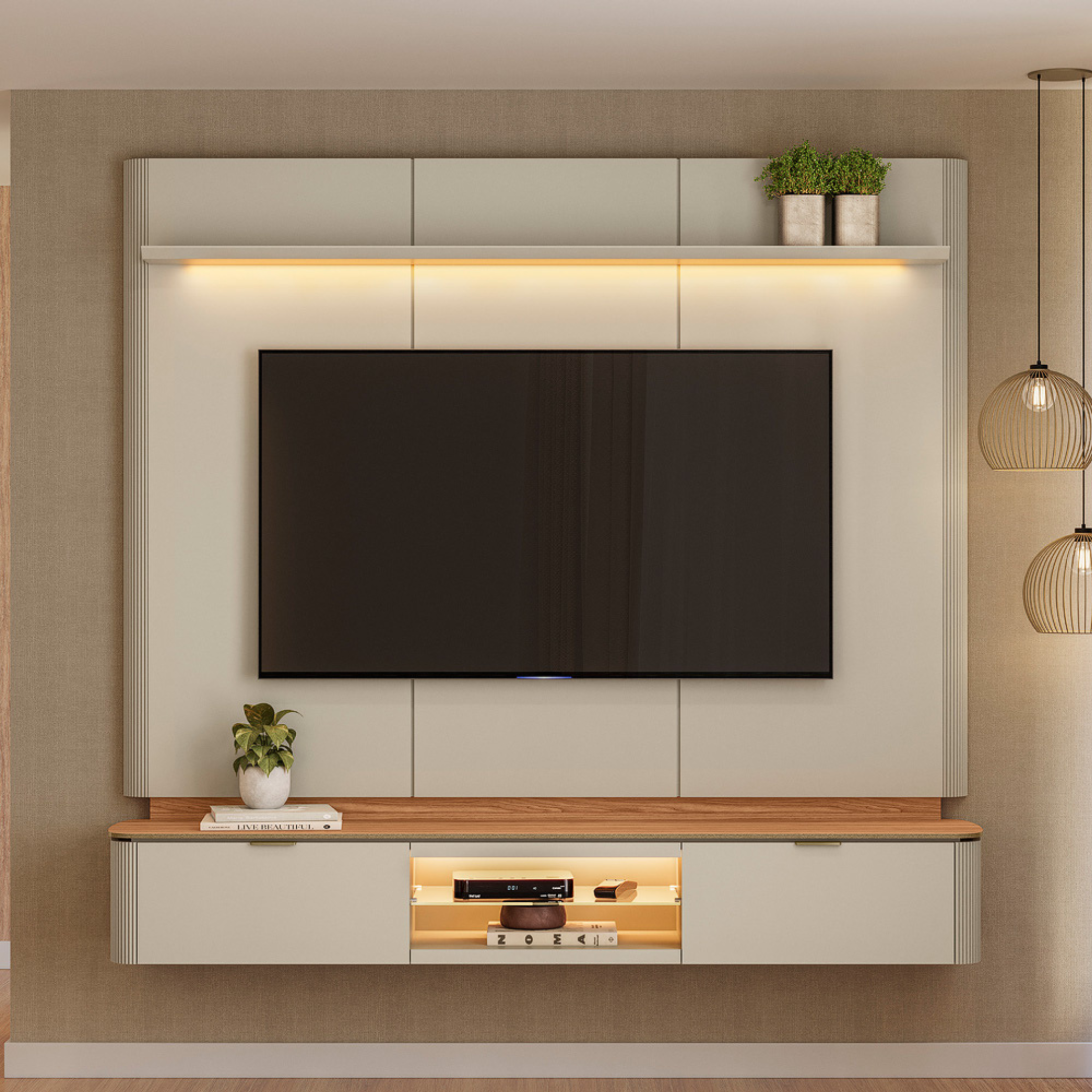 Home Painel Suspenso Ferrara Linea 180cm com Led Canela e Off White