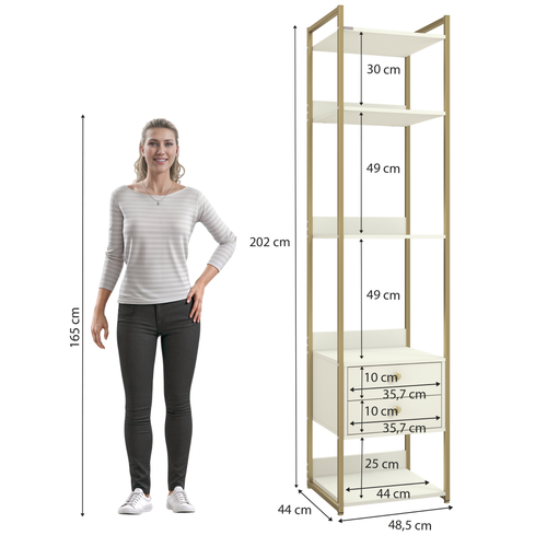 Armário Industrial Closet LI050 Kappesberg 48cm 5 Prateleiras 2 Gavetas Off White e Dourado