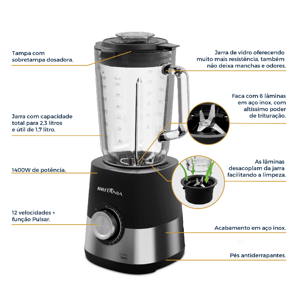 Liquidificador Britania 2,3L BLQ14A Jarra em Vidro 1400W Inox 220V
