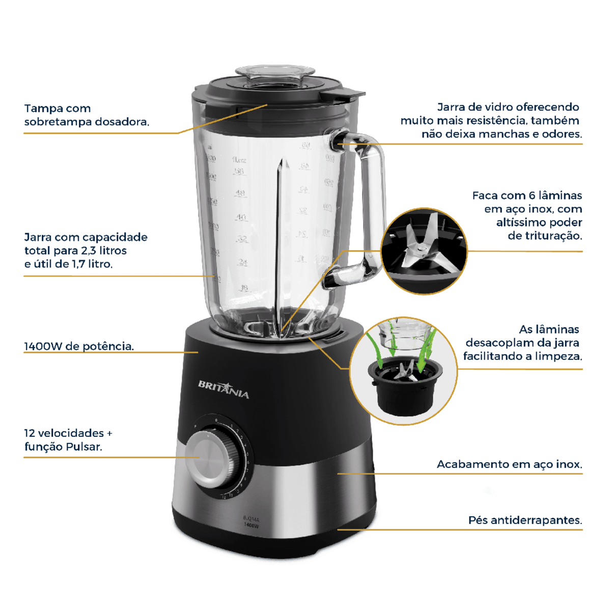 Liquidificador Britania 2,3L BLQ14A Jarra em Vidro 1400W Inox 220V