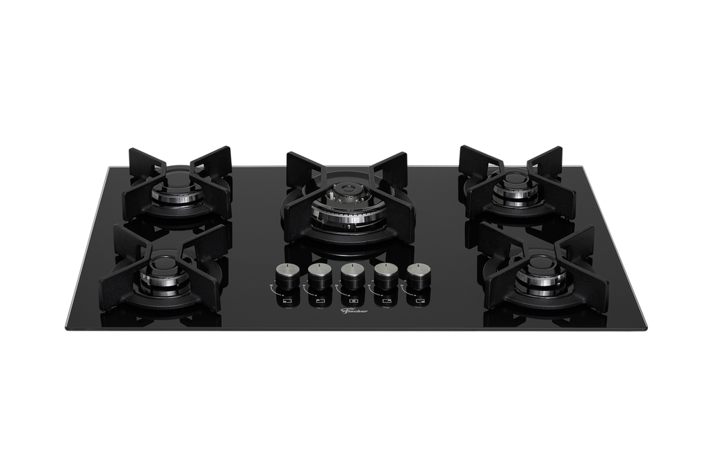 Cooktop à Gás Fischer 5 Bocas Infinity 26298-57077 Tripla Chama Grades em Ferro Fundido Vidro Preto Bivolt