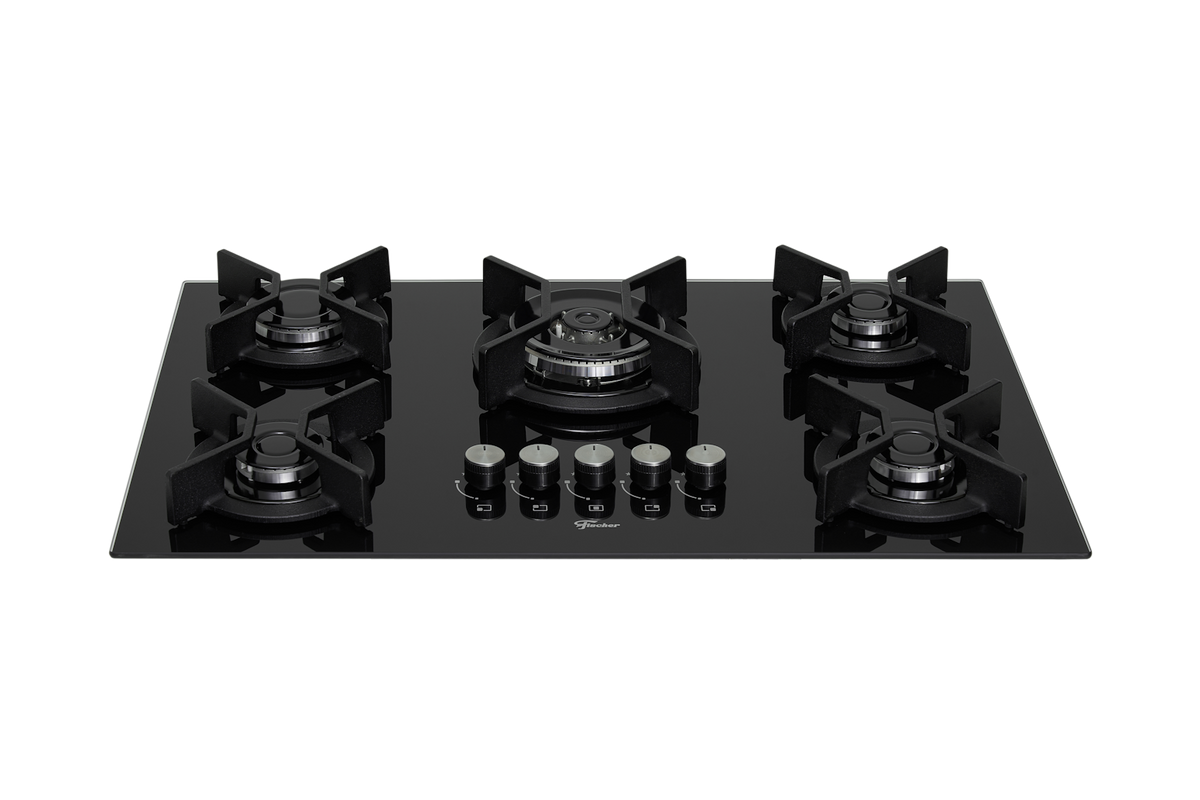 Cooktop à Gás Fischer 5 Bocas Infinity 26298-57077 Tripla Chama Grades em Ferro Fundido Vidro Preto Bivolt