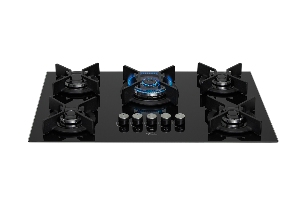 Cooktop à Gás Fischer 5 Bocas Infinity 26298-57077 Tripla Chama Grades em Ferro Fundido Vidro Preto Bivolt