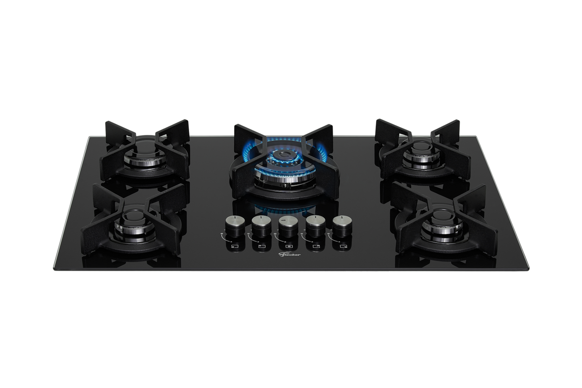 Cooktop à Gás Fischer 5 Bocas Infinity 26298-57077 Tripla Chama Grades em Ferro Fundido Vidro Preto Bivolt